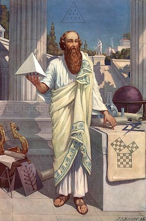 Classical illustration of Pythagoras in white robes holding geometric instruments with mathematical diagrams, standing before Greek columns with globe and celestial tools - ancient Greek mathematician and philosopher who lived 500 years before Jesus Christ